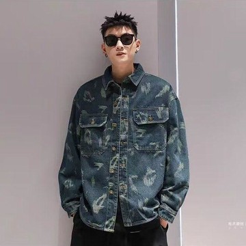 牛仔外套 休閒夾克 美式小衆設計款不規則提花刺繡水洗牛仔襯衫男士外套1003