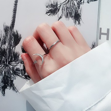 現貨-極簡chic星星月亮兩個一套戒指組合學生少女心ins閨蜜開口關節戒-B29