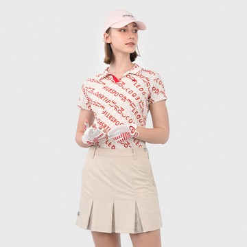 【LE COQ SPORTIF GOLF公雞高爾夫】女款卡其x紅輕量舒適滿版LOGO短袖POLO衫  QLT2T212