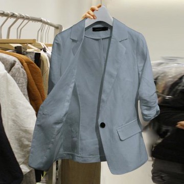 夏季薄款亞麻西裝外套女小個子棉麻修身短款休閑七分袖西服上衣夏