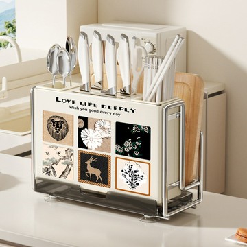 2025新款中古風廚房刀架置物架菜板刀具多功能筷子籠一體收納放置