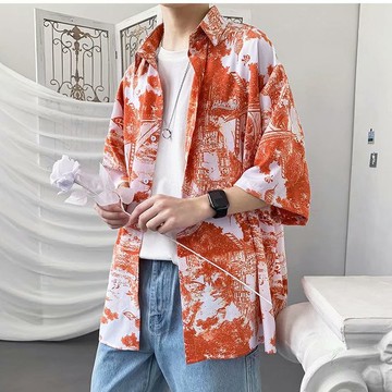 夏威夷度假風短袖 滿版花襯衫不規則 植物花襯衫 花草 短袖 寬鬆襯衫 百搭 日式 滿版 男生衣著 情侶襯衫