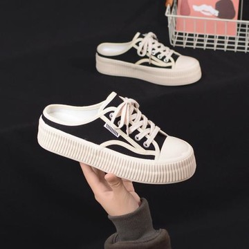 夏日厚底半拖帆布鞋女2023年新款甜美百搭松糕跟系帶鞋歐美休閑鞋