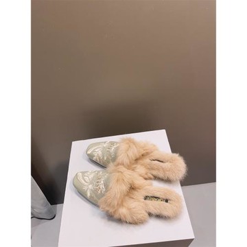 新中式國風包頭新款秋冬季一腳蹬刺繡外穿免毛毛半拖鞋平底穆勒鞋