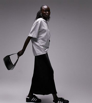 Topshop Petite satin bias maxi skirt in black