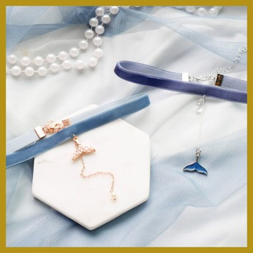 日韓飾品 藍色人魚姬尾巴吊墜 天鵝絨頸帶 Choker頸鏈鎖骨鏈