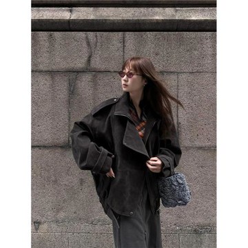 Turn right/陳大腿 美式復古重工寬松休閑麂皮夾克外套上衣女秋冬