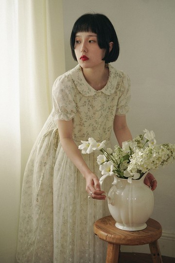 清新碎花 重工娃娃領洋裝 泡泡短袖 三層紗裙連衣裙 防透光