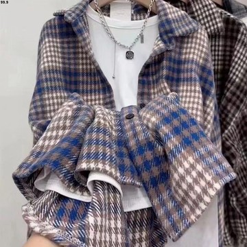 臺灣/✨入鞦襯衫女磨毛加厚毛呢格子襯衫女寬鬆中長款鞦鼕季新款港味百搭襯衣外套潮