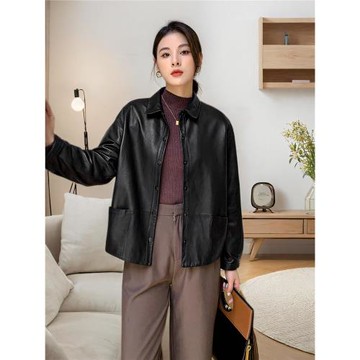 海寧新爆款秋季落肩襯衫真皮外套高級感休閑女裝寬松高端皮衣柔軟