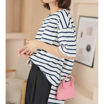 日本 Kobe Lettuce - 100%棉船領優雅條紋短袖上衣-白x海軍藍