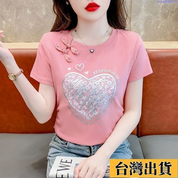 🌷新店優惠🌷復古盤扣短袖t恤女新款爆款夏季時尚減齡愛心印花新中式上衣 國潮 中國風上衣 復古上衣 大尺碼上衣 顯瘦