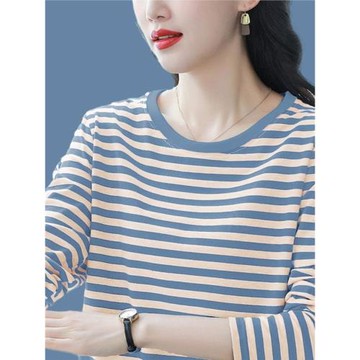 新款早秋上衣純棉長袖t恤女中年媽媽秋衣寬松大碼條紋打底衫外穿