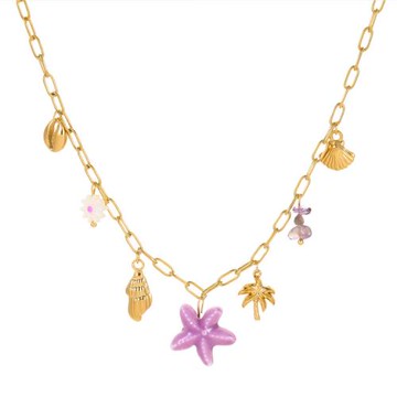 ANGEL 紫色海岸海星貝殼渡假風鈦鋼項鍊手鍊可選(金色)