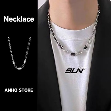 【ANHO】現貨在台/黑白/方塊/拼接/項鍊/鎖骨鍊/百搭/個性/嘻哈/鈦鋼