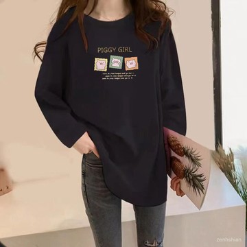【台灣出貨】韓版長袖上衣女 棉t 大尺碼上衣 中長款長袖上衣 印花t恤女 寬鬆上衣 顯瘦遮肉 圓領打底衫 秋冬內搭上衣女
