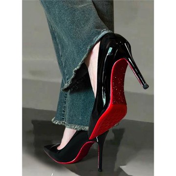 水鉆紅底高跟鞋女細跟春秋新款2025絕美性感婚鞋黑色漆皮尖頭單鞋