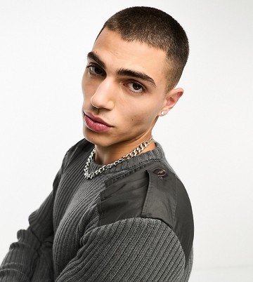 COLLUSION knitted rib crewneck with utility details in charcoal grey