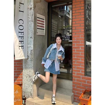 KK小熊牛仔套裝女2025年春季新款時尚復古小個子顯瘦短裙兩件套女