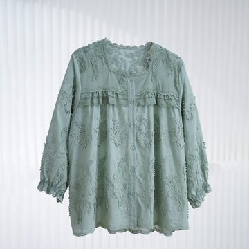 立體花卉刺繡蕾絲方領七分袖襯衫096937