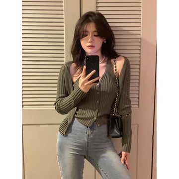 毛衣外套女薄款早秋季穿搭配吊帶裙外搭罩衫兩件套加套裝針織開衫