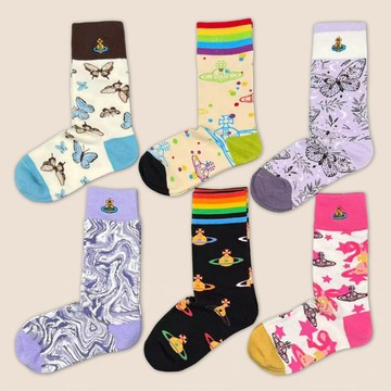 柳惠珠襪子 西太后襪子女土星刺繡中筒高雙針堆堆四季款多花色彩虹時尚棉襪子