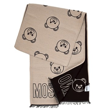 MOSCHINO 30763 M2992 滿版小熊羊毛雙面長圍巾/披肩.黑/淺褐