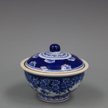 清康熙青花花紋蓋碗手繪仿古工藝瓷器家居擺件古董古玩老貨收藏1入