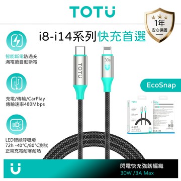 TOTU 拓途 智能斷電 PD/Lightning/Type-C/iPhone充電線傳輸線編織快充線 LED呼吸燈 EcoSnap系列 1.2M