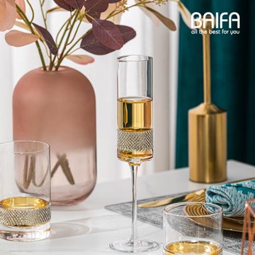 輕奢樣板間家居餐廳擺臺鑲鉆石金色玻璃高腳雞尾酒杯紅酒杯香檳杯
