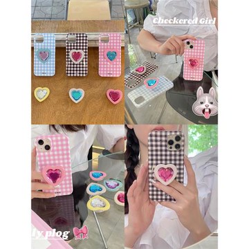 momolling丨韓國ins小眾高級感新款格紋愛心寶石支架防摔imd適用蘋果15promax/12手機殼iPhone14/13