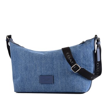 COACH 中性款 Finn 單寧刷色拉鍊斜背包-單寧藍