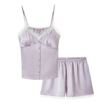 BEBE SILK  真絲蕾絲短睡衣套裝｜胸墊設計 × 甜美小鈕釦 - 夜幕黑