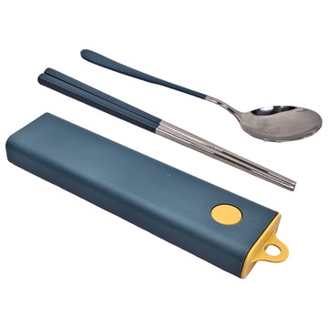 Caldo 卡朵生活 撞色不鏽鋼抽拉式餐具2件組  筷子 + 湯匙 + 盒子  孔雀藍  1組