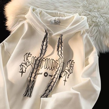 逃離地球美式街頭編織飄帶加絨衛衣女潮牌oversize情侶款炸街外套