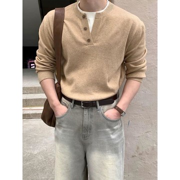 美式簡約風撞色亨利領毛衣男秋冬季新款時尚潮流慵懶風針織衫男