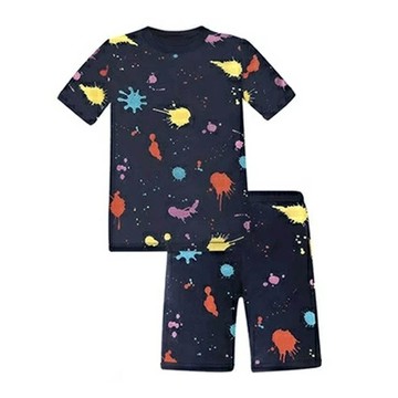 日本 Ho-ho kids - 100%棉 舒適短袖睡衣/家居服-潑墨-深藍