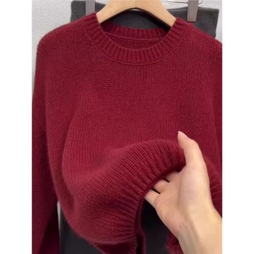 歐貨復古圓領別致高級感安可拉紅長袖針織毛衣女2025早秋新款上衣