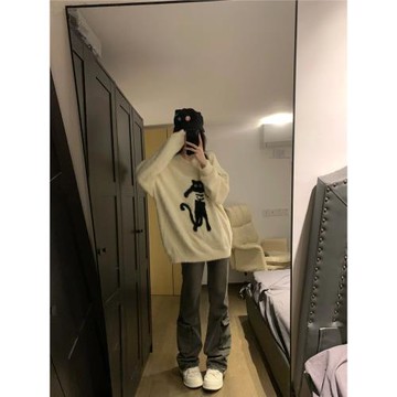 美式貓咪慵懶風寬松圓領毛衣女套頭毛絨針織衫加厚上衣長袖秋冬
