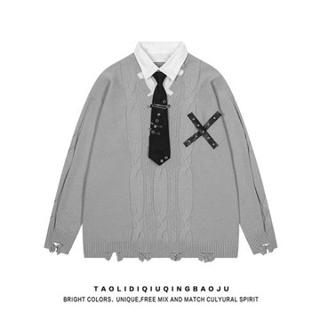 學院風Polo領帶假兩件毛衣女秋季潮牌寬松百搭情侶灰色針織衫上衣