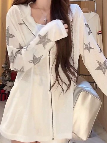 ins風輕奢燙鑽星星連帽防曬衣女夏季慵懶高級感薄款開襟外套女生上衣
