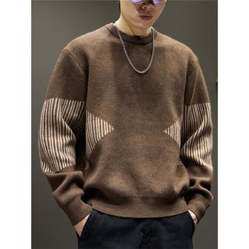 (免運)美式復古潮牌拼接撞色針織衫毛衣男士冬季新款寬松休閑慵懶風上衣