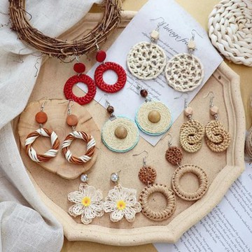 波西米亞復古草藤編織木質耳環氣質長款海島度假旅拍夏季耳飾女