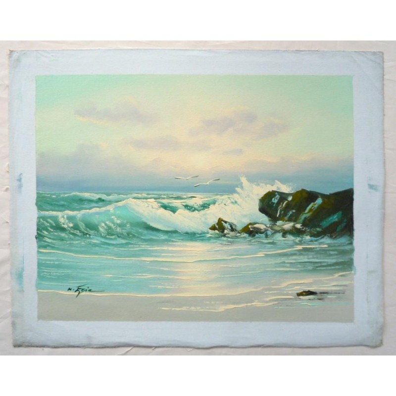 油彩画 洋画 肉筆油絵 F6号 「波 海 海景画」-215-特価- | LINEショッピング