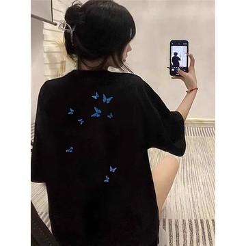 100%純棉黑市短袖t恤女夏季新款設計感小衆美式高街寬鬆半袖上衣 印花 純棉t恤 oversize 韓版上衣 棉t 美式
