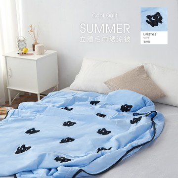 BELLE VIE 韓版立體毛巾繡 舒柔棉四季被 空調被【貓兒藍】(150X200cm) 雙人可用