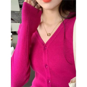 玫紅色上衣針織衫女春秋季高級感v領開衫毛衣內搭別致絕美打底衫