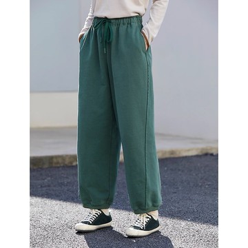 油綠色單股粗棉紗輕盈保暖松緊腰針織褲