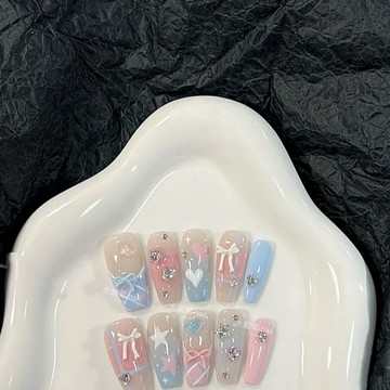 新款 春夏粉藍 可愛芭蕾 蝴蝶結 精緻美甲 手工穿戴美甲 少女心 百搭 可拆卸 送閨蜜禮物