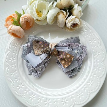 銀色點點紗蕾絲蝴蝶結彈夾髮夾髮飾頭飾-拼布感灰咖啡色